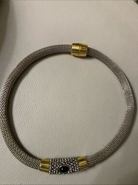 Vintage Silver Mesh Necklace with Gold Accents and Black Stone